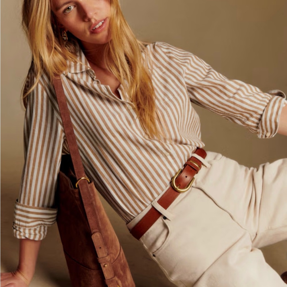 Sezane Beige and White Striped Button-Down Shirt